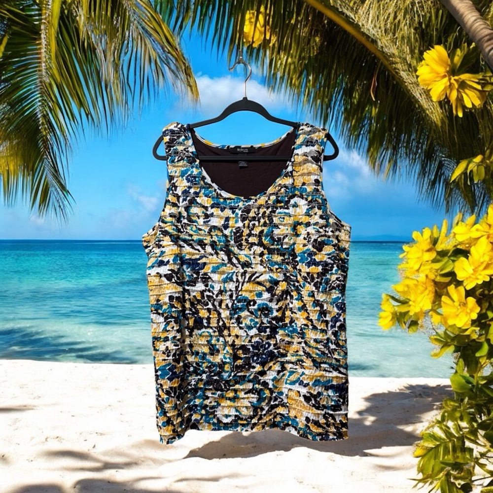 Style & Co. Blue/Yellow/Brown/White Ruffled Tank Top